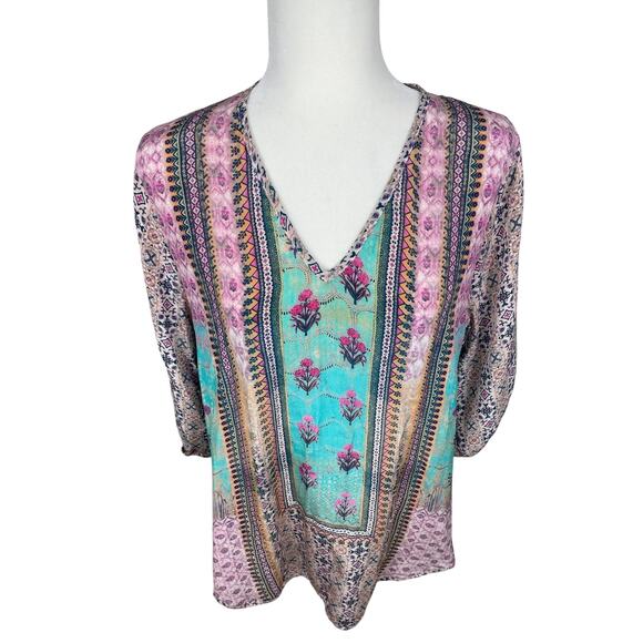 Tolani 100% Silk Printed Tunic Top Roll Tab Sleeves Beach Resort Vacation Large - Picture 3 of 14